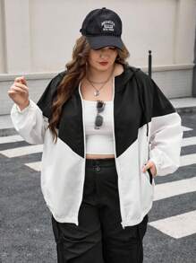 SHEIN CURVE+ Curves 大码/学校服装/返校服装/返校大码女式双色拼接连帽夹克，带口袋，女式运动服，女式慢跑服，两件套休闲套装，女式现代服装，大码运动服，女式秋季服装，女式秋季服装，冬季，CURVE PLUS - 黑與白 - 查看 5