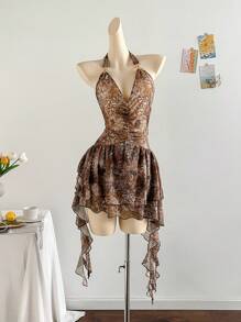 Soleia 女士蓝色花卉印花针织网眼露背连衣裙，浪漫度假风 - 彩色 - 查看 7