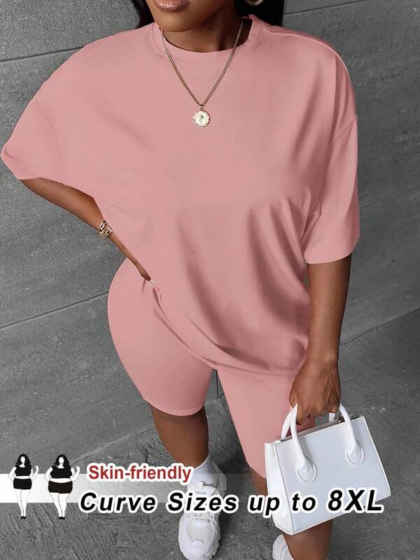 SHEIN CURVE+ Curve Plus Size/Autumn Clothes /Fall Women Clothes/Winter Clothes For Women/Winter Clothes2pcs/Set Casual Solid Color T-Shirt And Shorts Plus Size Outfit