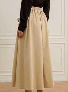 Aveloria 法式复古松紧腰3D花卉装饰A字中长裙 - 卡其色 - 查看 2