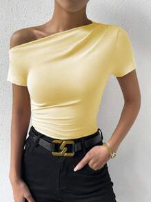 Elenzga Women's Solid Color Ruched Shoulder Short Sleeve Fitted Casual T-Shirt, Summer - Mustard Yellow - View 4