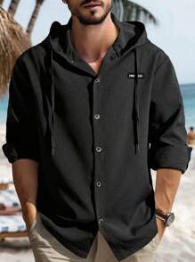 Manfinity Homme Men's Letter Patched Long Sleeve Single-Breasted Drawstring Hooded Shacket, Fall - Black - View 1