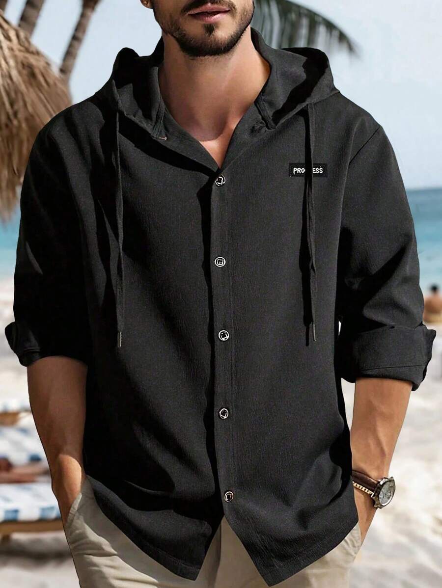 Manfinity Homme Men's Letter Patched Long Sleeve Single-Breasted Drawstring Hooded Shacket, Fall - Black - View 1