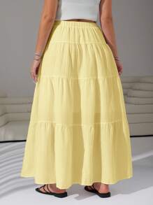 SHEIN EZwear Plus Size Women Solid Color Waist Tie Ruffle Hem Casual Skirt,Back To School - Yellow - View 6