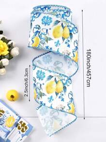 2 Rolls Lemon Wired Edge 2.5inch Yards Blue Tile Lemon Fabric Craft Ribbon For Spring Summer Shower Birthday Gift Wrapping Wreath Bow DIY Crafts