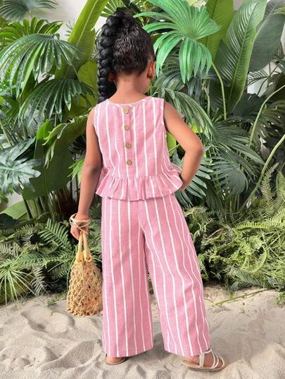 Young Girl Vacation Casual Ditsy Floral Halter Sleeveless Top And Ditsy Floral Straight Leg Pants Set