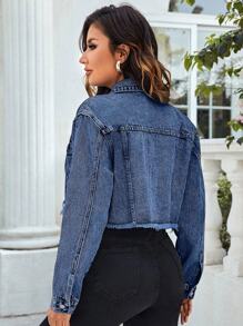 EMERY ROSE Flap Detail Raw Hem Crop Denim Jacket - Dark Wash - View 2