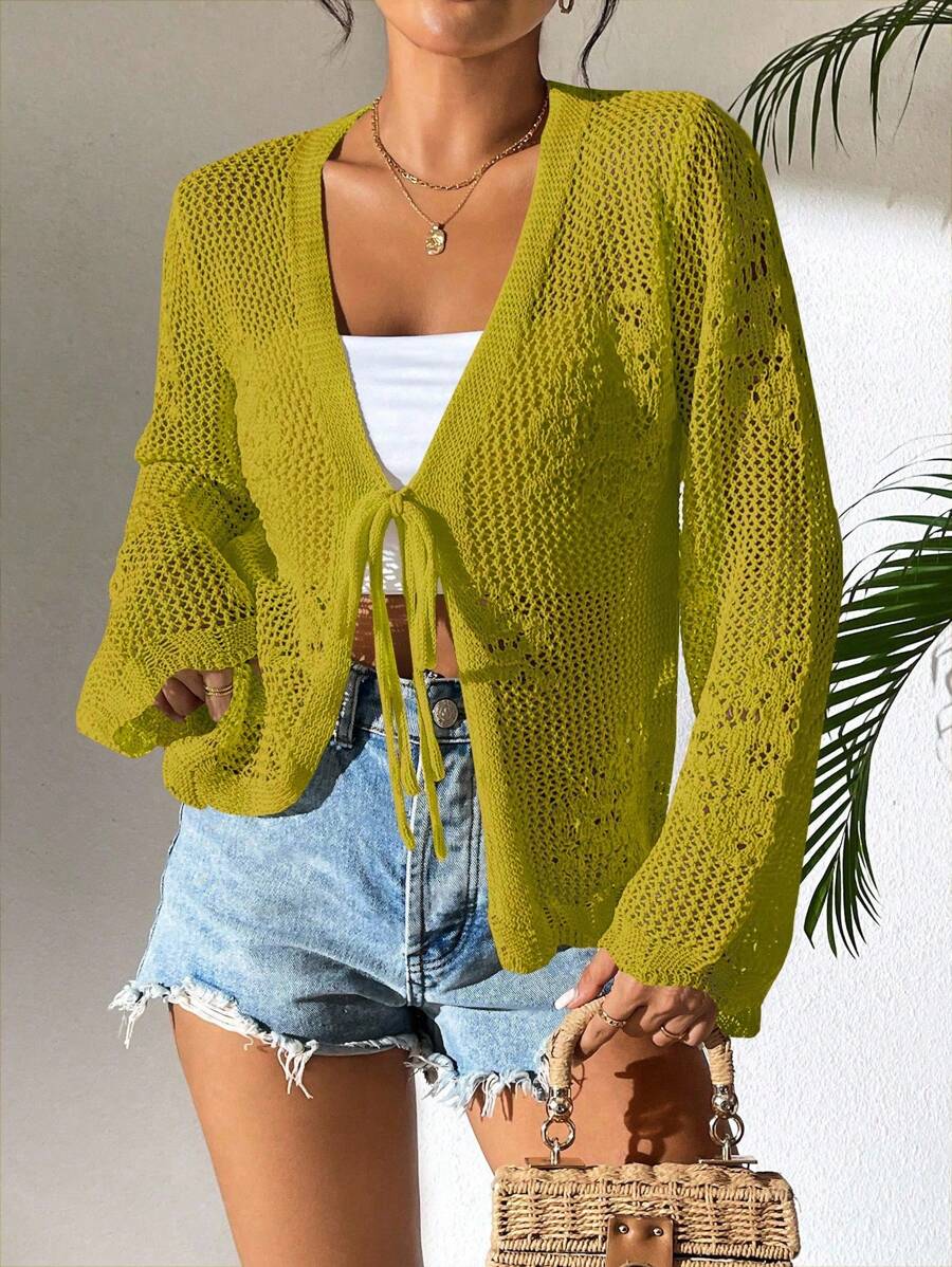 Breezaya Áo khoác cardigan dệt kim nhẹ tay chuông đơn sắc thường ngày cho nữ - màu xanh lá - Xem 1