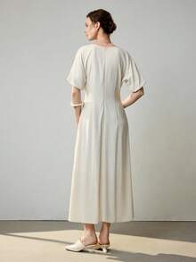 Uhlyne 夏季新款时尚亚麻条纹连衣裙，双侧口袋，后拉链开合，无袖，休闲优雅女士长裙 - 杏色 - 查看 3