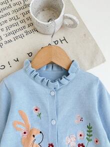 SHEIN LMoss Kids LMoss Cute Cartoon Print Long Sleeve Cardigan Sweater For Baby Girls, Autumn Winter Embroidered Baby Cardigan Baby Girl Sweater Bunny Fall - Baby Blue - View 6