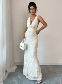 Rafferiza Mesh Floral Bodycon Long Dress For Women Summer Dress Looks Of Party - Yellow - View 7