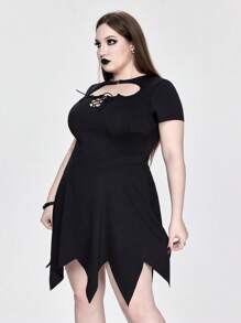 ROMWE Robe d'été pour femmes grandes tailles, col chauve-souris gothique, ourlet asymétrique ajouré - Noir - Voir 4