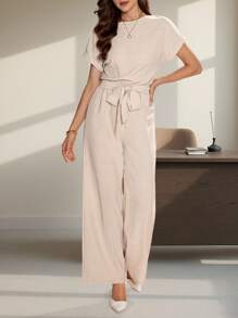 Editum Summer Elegant Women's Blue Cool Linen Pleated Fabric With Shoulder Sleeves And Tied Waist Short Sleeved Jumpsuit, Suitable For Various Occasions, Daily Travel, Outings, Etc - Khaki - View 4