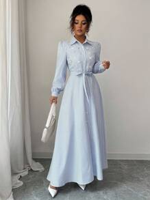 Selianne Váy sơ mi đi làm phong cách Châu Âu thanh lịch hàng ngày dành cho nữ, tay dài, thắt nơ eo, trang trí pha lê, sang trọng cổ điển, thích hợp cho lễ hội âm nhạc, đua xe, đi làm, mua sắm, nghỉ dưỡng và các dịp khác - Màu xanh lam - Xem 4