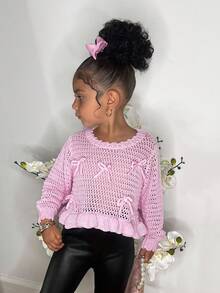 SHEIN Pink Crew Neck Ruffle Hem Short Sweater For Young Girls, Decorated With 3D Bow, Cute Princess Style, Suitable For Home, Outdoor, Party, Vacation,In Fall/Winter - Pink - View 5