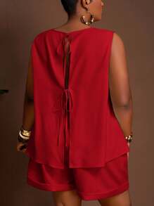 Slaydiva 2025 新款大码女式纯色圆领宽松无袖上衣和短裤休闲套装红色两件套女士短裤套装女士红色休闲连体短裤套装 - 紅色 - 查看 2