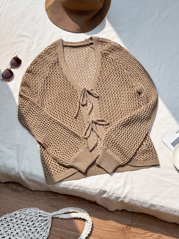 SHEIN EZwear 大码镂空波浪纹针织休闲开衫，春秋季