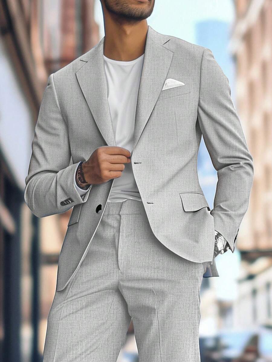 Manfinity Mode 男士休闲日常装缺口翻领单排扣西装外套 - 灰色 - 查看 1