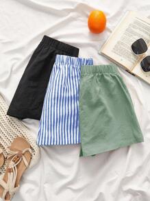 SHEIN VCAY 3 件套女士夏季时尚多色亚麻短裤，女士夏季，夏装，女士节日