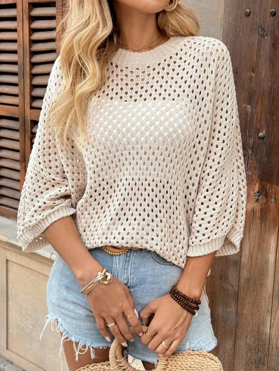 Breezaya 女款休闲宽松蝙蝠袖镂空圆领针织上衣 杏色 春秋 - 杏色 - 查看 1