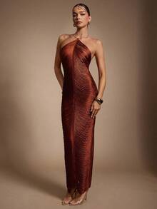 Hauture 女士金色金属装饰吊带流苏性感派对连衣裙 - 紅色 - 查看 4