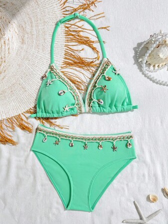 Ensemble de maillot de bain à col ras-du-cou avec garniture de coquillages, convient pour les vacances à la plage