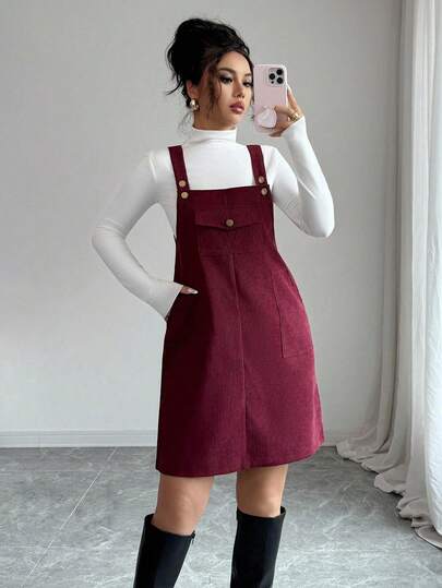 SHEIN LUNE Vestido mini de tirantes holgado de unicolor con bolsillo para mujer