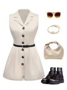 Franclia Holiday Apricot Color With Suit Collar And Belt, Elegant Outdoor Western Jumpsuit Shorts, New Modern Light Commuting Simple Jumpsuit