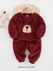 Cozy Pixies 两件套男婴卡通熊图案保暖内衬圆领长袖连帽衫和运动裤套装，婴儿熊图案保暖睡衣，冬季婴儿服装，秋季婴儿服装 - 酒紅色 - 查看 1
