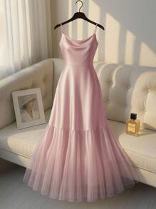 Franclia 女士夏季法式优雅简约醋酸纤维缎面撞色网纱吊带连衣裙粉色薄纱连衣裙缎面连衣裙夏季连衣裙大学服装