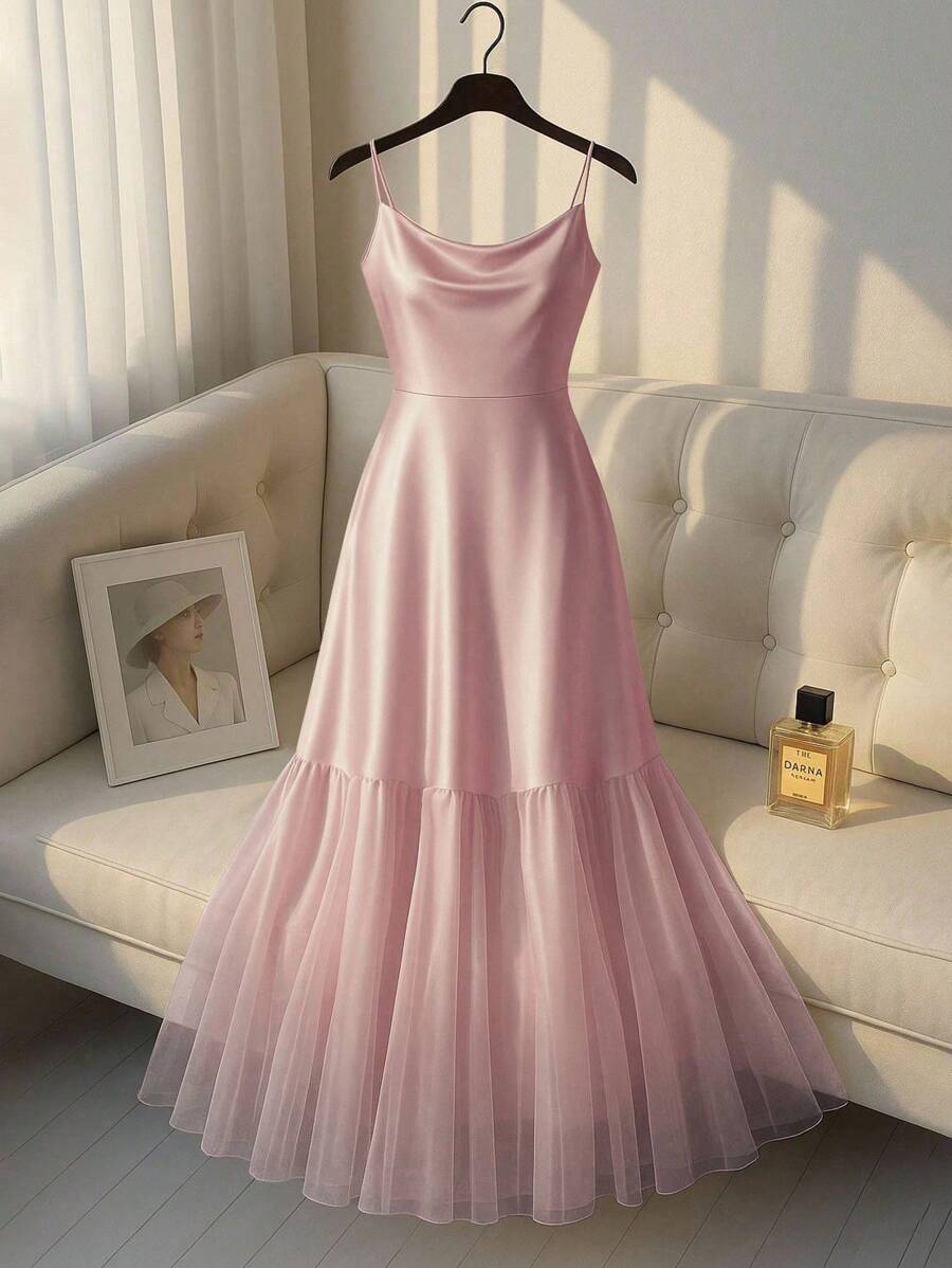 Franclia 女士夏季法式优雅简约醋酸纤维缎面撞色网纱吊带连衣裙粉色薄纱连衣裙缎面连衣裙夏季连衣裙大学服装