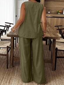 EMERY ROSE Plus Size Women's Summer Casual Minimalist Vacation Style Solid Color Notch Neck Loose Sleeveless Top And Wide Leg Pants 2 Pieces Set - Green - View 2