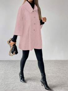 LanaWest Women's Casual Front Button Loose Raglan Sleeve Woolen Coat, For Daily Wear - Pink - View 3