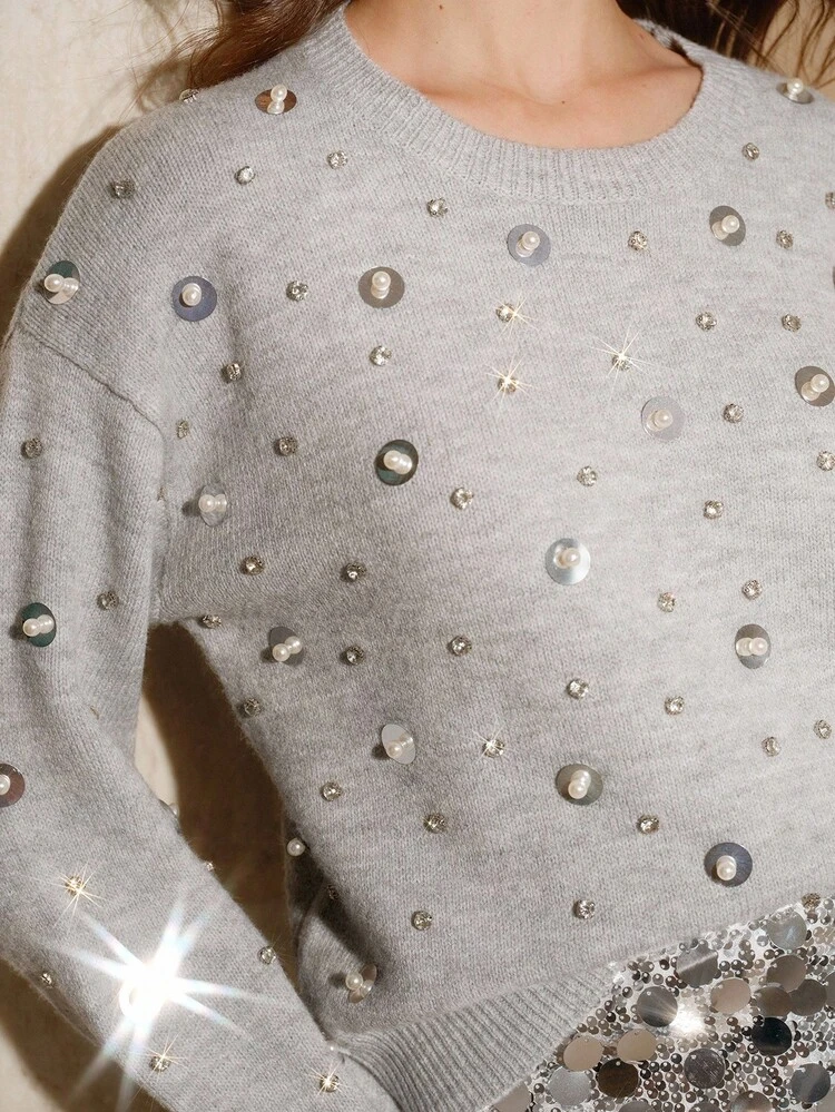 Anewsta Elegant Autumn/Winter Solid Color Studded, Sequin & Pearl Blend Sparkling Elements Party Crew Neck Long Sleeve Knit Sweater For Women