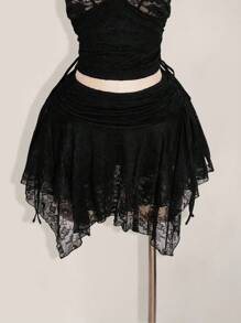 SHEIN ICON Váy ren lưới chắp vá eo nhún gợi cảm cỡ lớn viền bất đối xứng - màu đen - Xem 1