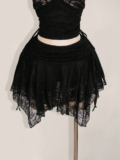 SHEIN ICON 加大码性感褶饰腰部蕾丝网眼拼布不对称下摆半身裙