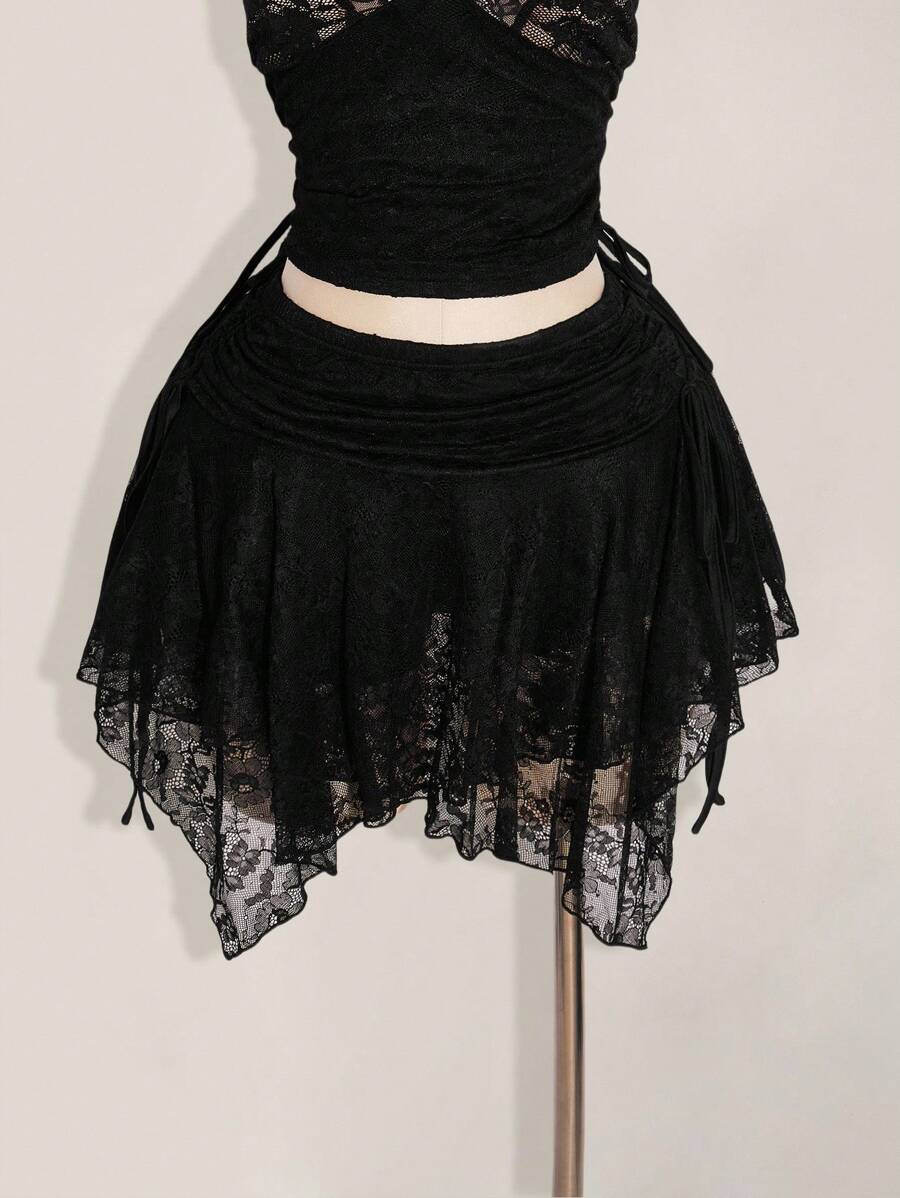 SHEIN ICON Váy ren lưới chắp vá eo nhún gợi cảm cỡ lớn viền bất đối xứng - màu đen - Xem 1