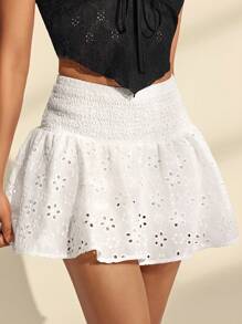 Chiquease Pantalones cortos casuales con cordón en la cintura, bordados en blanco para mujer, primavera/verano - Blanco - Ver 6
