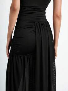 Maija Đầm lưới xếp tầng màu đen cổ tròn không tay cho nữ, Đầm công sở thường ngày thành thị cho bãi biển, lễ hội âm nhạc, Halloween, tiệc Giáng sinh, đầm cocktail thanh lịch - màu đen - Xem 6