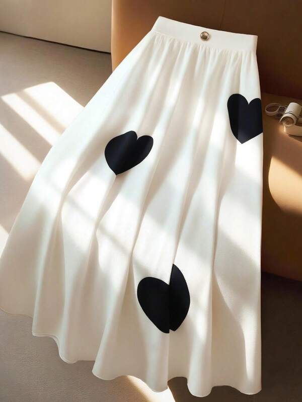 Regalyn Plus Size Women Heart Print Button Decor A-Line Casual Skirt