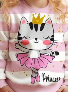 SHEIN 可爱芭蕾猫印花，粉色条纹，年轻女孩休闲宽松圆领柔软日常针织长袖运动衫，适合秋冬季 - 彩色 - 查看 3