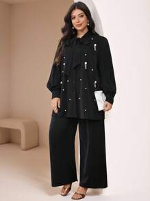 Veilorie Women's Plus Size Tie Up Loose Pearl Tassel Blouse & Wide Leg Pants 2 Pieces Set - Black - View 6