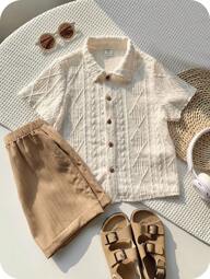 SHEIN 2pcs Young Boys'' Casual University Style Set - White Solid Color Hollow Knit Soft Round Neck Short Sleeve Cardigan Top & Contrast Khaki Fold-Up Hem Comfortable Shorts, Suitable For Spring & Summer Daily, School, Travel, Holiday & Party