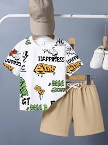 2pcs Toddler Boys' Letter Graffiti Print Round Neck Short Sleeve White T-Shirt And Khaki Woven Shorts Street Fashion Set, Summer, School, Campus, College - Khaki - View 1