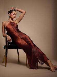 Hauture 女士金色金属装饰吊带流苏性感派对连衣裙 - 紅色 - 查看 5