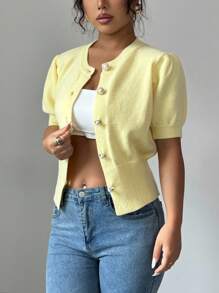 Elenzga Summer Vacation Yellow Pearl Button Puff Sleeve Cardigan - Yellow - View 5