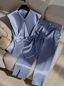 Franclia Women Elegant Large Lapel Top And Pants Set - Teal Blue - View 1