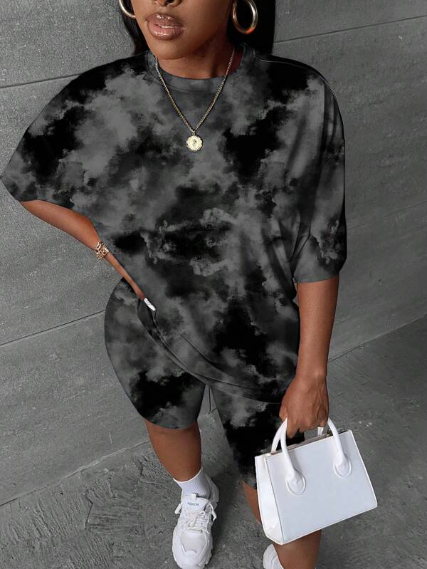 Slaydiva Back To School Casual Minimalist Dark Grey Tie-Dye Pattern Plus Size 2 Pieces Set, Suitable For Summer Suitable For Going Out