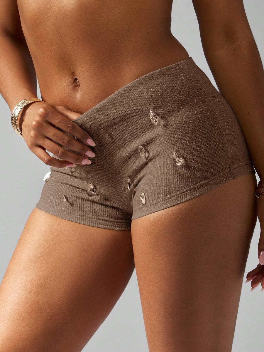 MISSGUIDED Glitter Knit Shorts With Crystal Embellishments High Waisted Booty Shorts Party Club Festival Bottoms - Brown - View 1