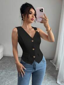 Elenzga Women's Fashionable Solid Color High-End Blouse, Professional Commute Style Full Open Faux Pocket Vest Top